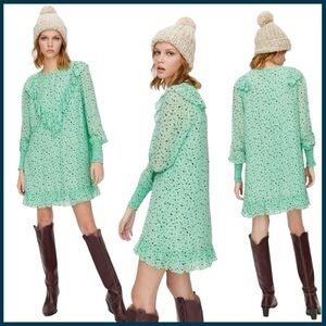Aritzia Little Moon Mint Green/Black Pattern Long Sleeve Ruffle Dress (L)